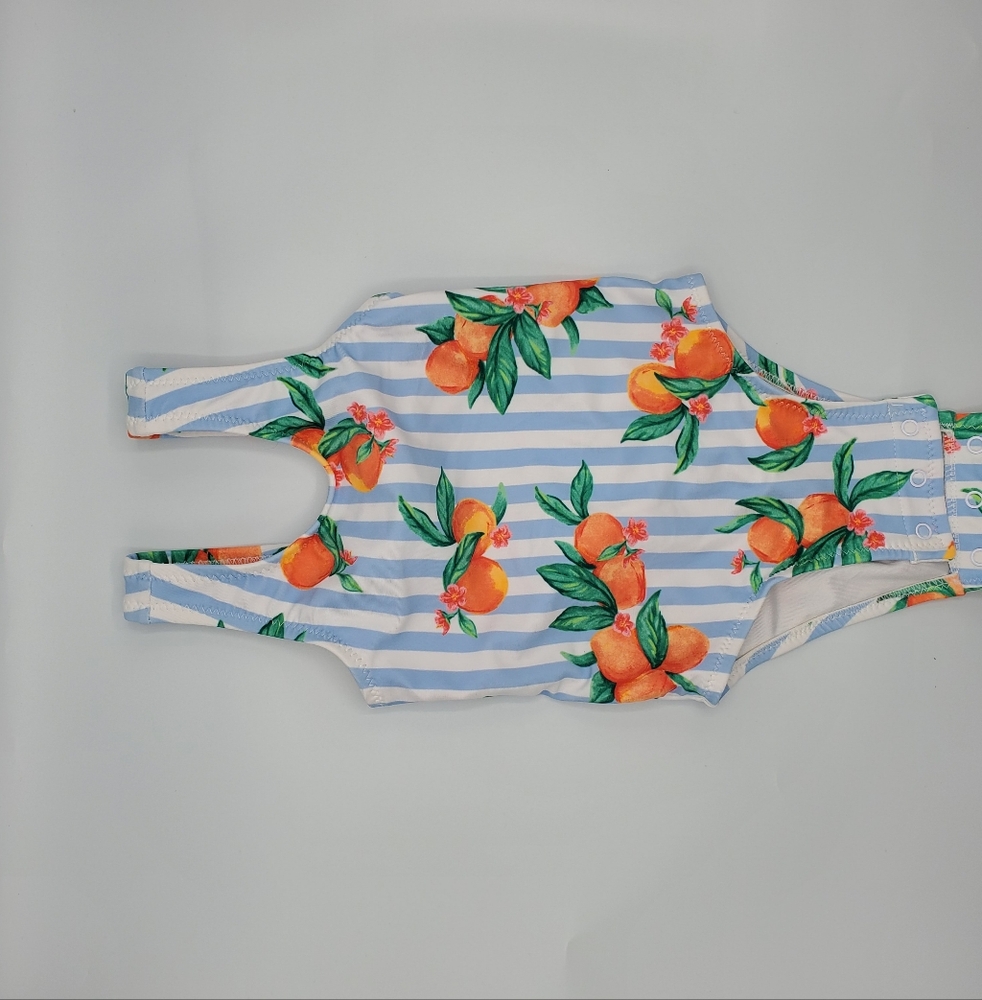 Blue And White Striped Baby Girl Bathing Suit Oranges Print Size 6-12 Months